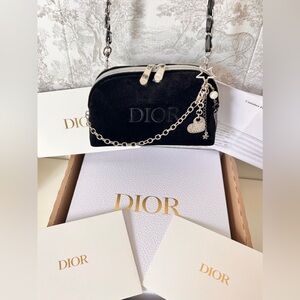Dior Beauty Black Velour Velvet Cosmetic Zipper Bag Pouch Bag Gift Box + Charms